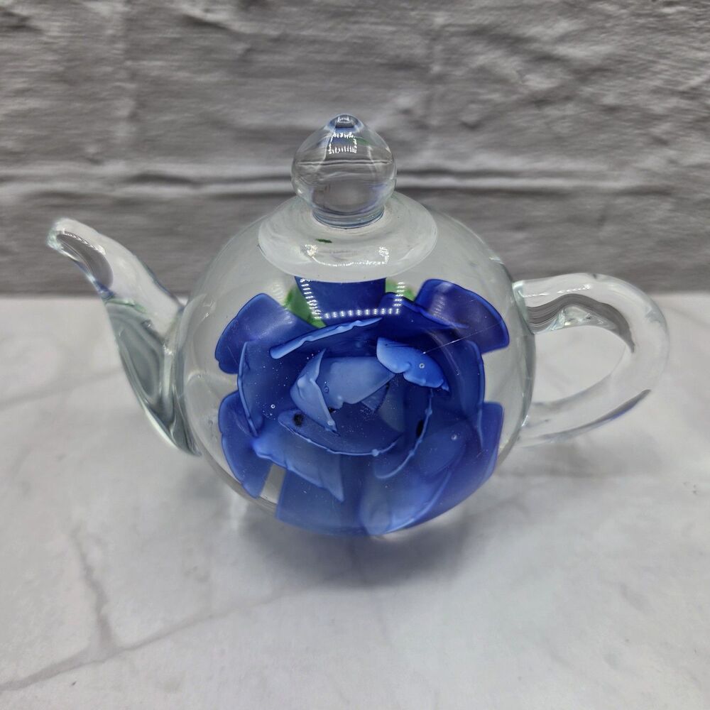 Mini Glass Teapot Flower Figurine Blue Collectible Art